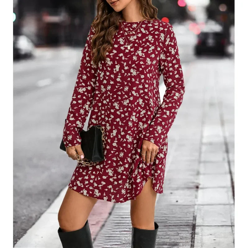 Autumn/Winter Fashion Print Slim Fit Mid-Length Dress - Round Neck Long Sleeve