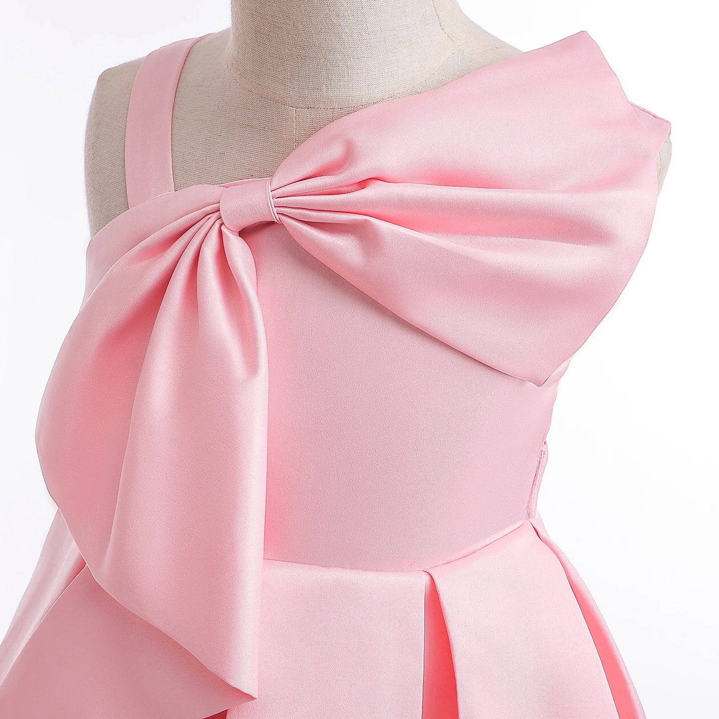 2024 Girls' One-Shoulder Satin Dress with Big Bow