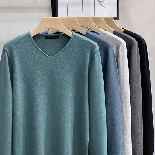 Men's V-neck Sweater – Solid Color, Long Sleeve, Knitted, Winter Pullover