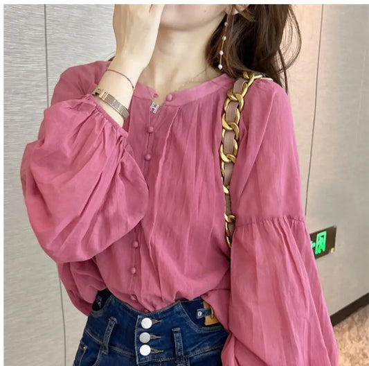 Spring/Summer Solid Color Spliced Shirt – Versatile Round Neck Long Sleeve