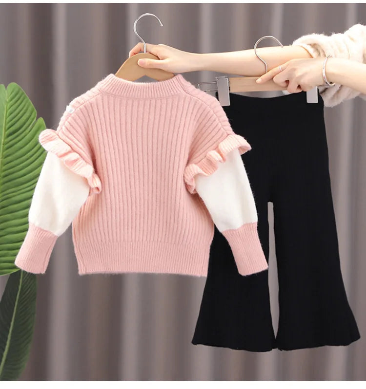 Girls' 2PCS Sweater & Flared Pant Set - Autumn/Winter Outfit