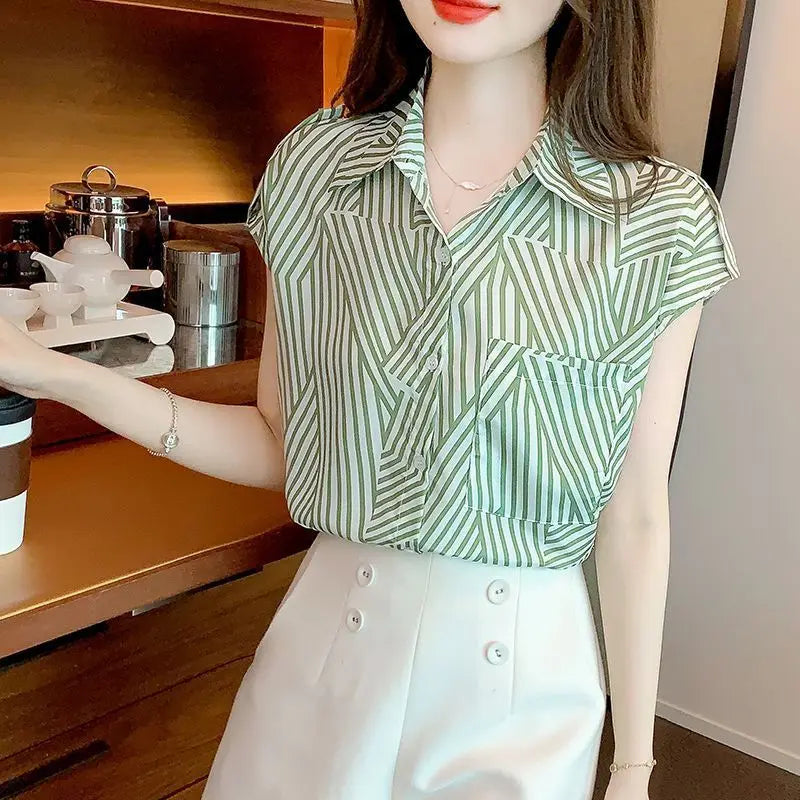 Women's Summer Chiffon Shirts – Fashion Lapel Button Pockets with Printed Stripes, Loose Korean Tops