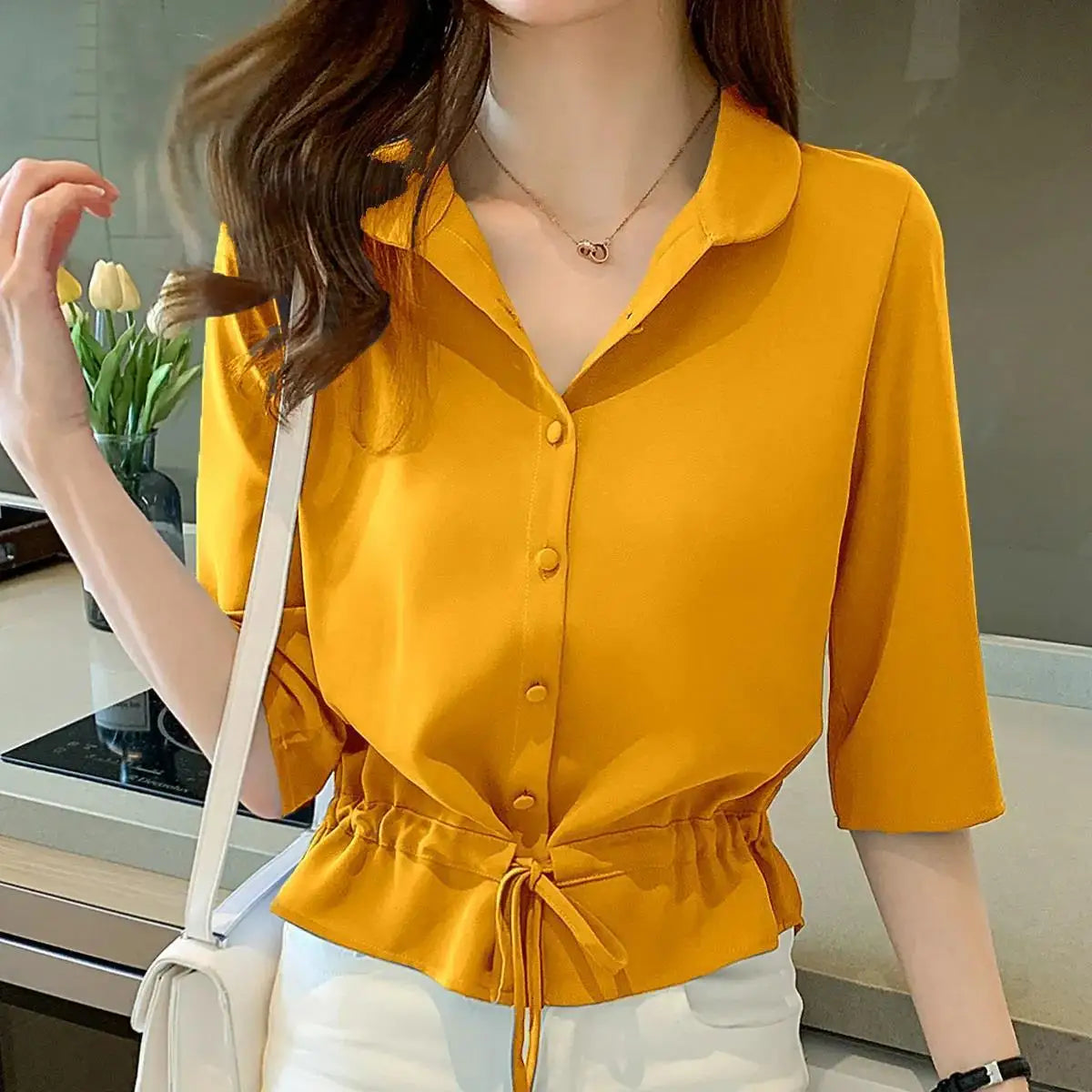 Summer Women’s Solid Chiffon Shirt – Turn-down Collar, Half Sleeve, Shirring Detail