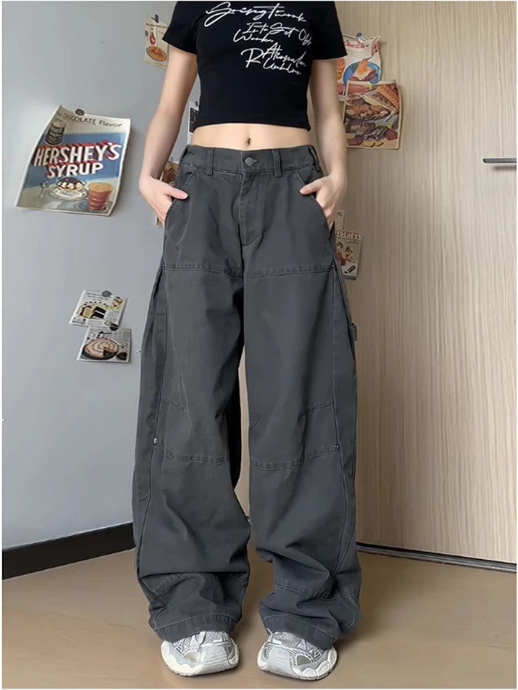 Women's Grey Baggy Cargo Jeans - 90s Y2K Vintage Denim