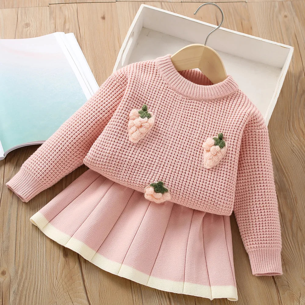 Autumn/Winter Girls' Sweater Set – Korean Short Knitted Vintage Checker Two-Piece Outfit