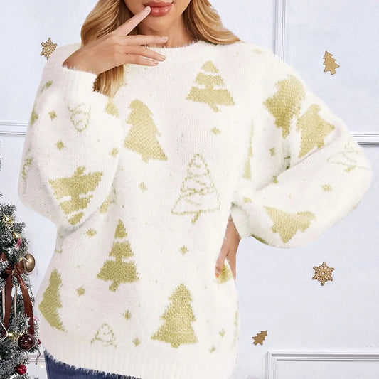 Women's Christmas Tree Pullover – Round Neck, Loose Fit, Lazy Style Knit Sweater for Autumn/Winter