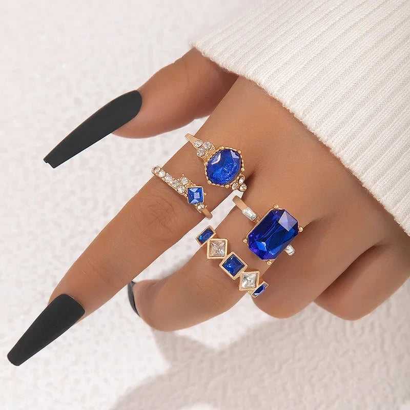 Tocona Vintage Geometric Crystal Ring Set: Simple Irregular Alloy Design