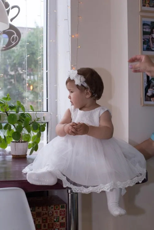 Baby Girl Baptism Dress - White Lace & Tulle Christening Gown