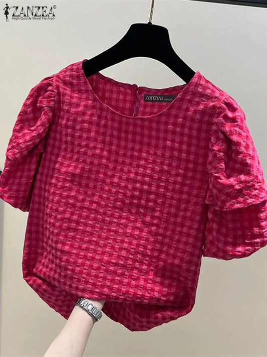 Women Casual Checked Blouses Short Puff Sleeve