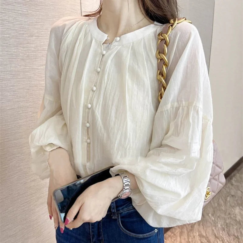 Spring/Summer Solid Color Spliced Shirt – Versatile Round Neck Long Sleeve