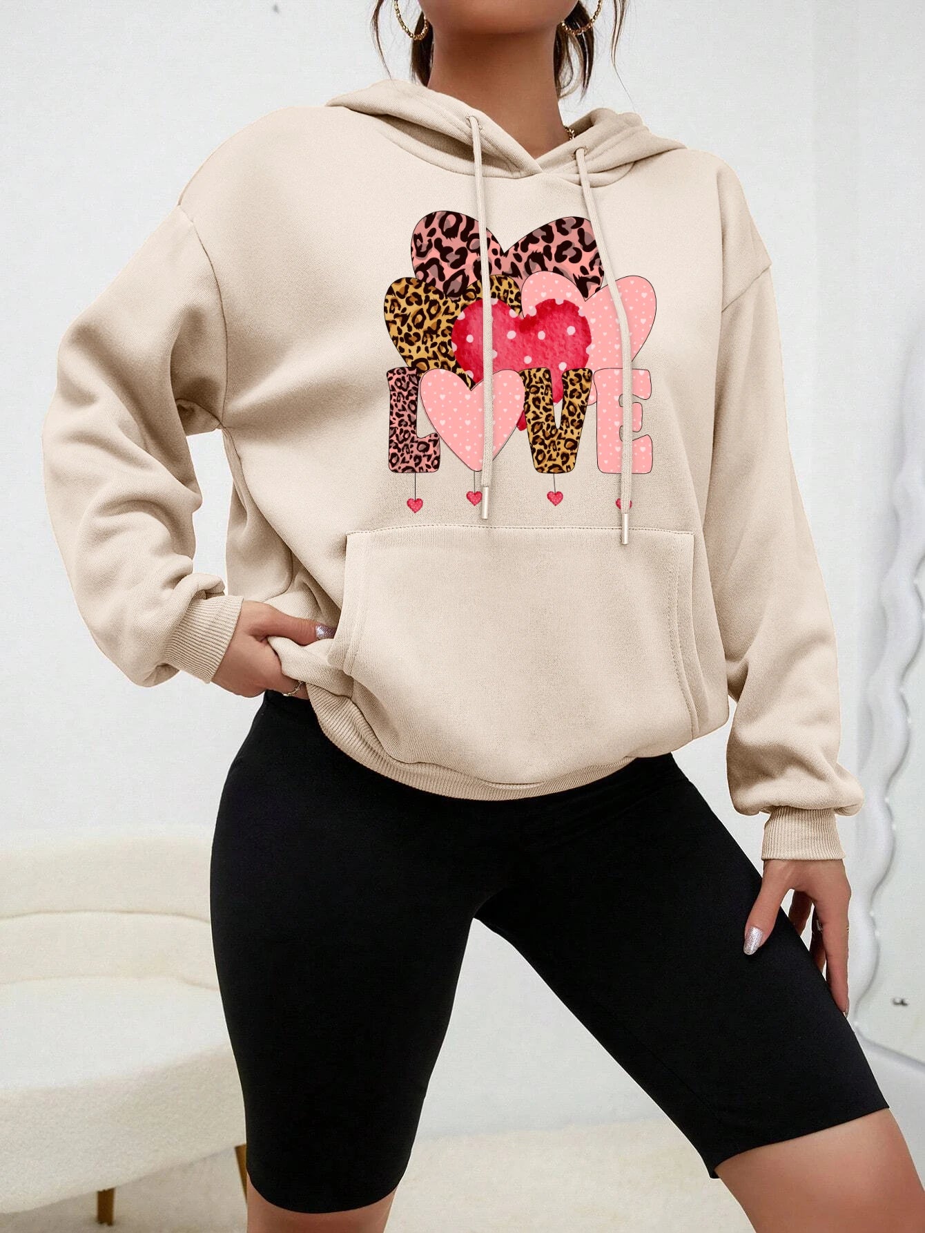 Creative Leopard Print Love Fleece Pullover Hoodie for Women