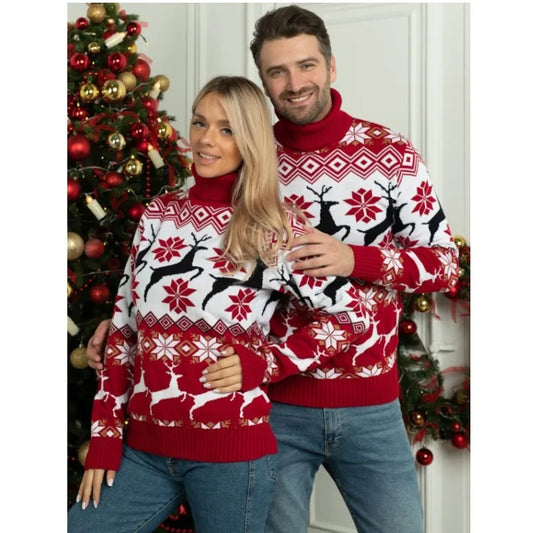 Christmas Reindeer Turtleneck Sweater – Knitted, Long-Sleeved, Couples Jumper, Warm, Thick Winter Sweater