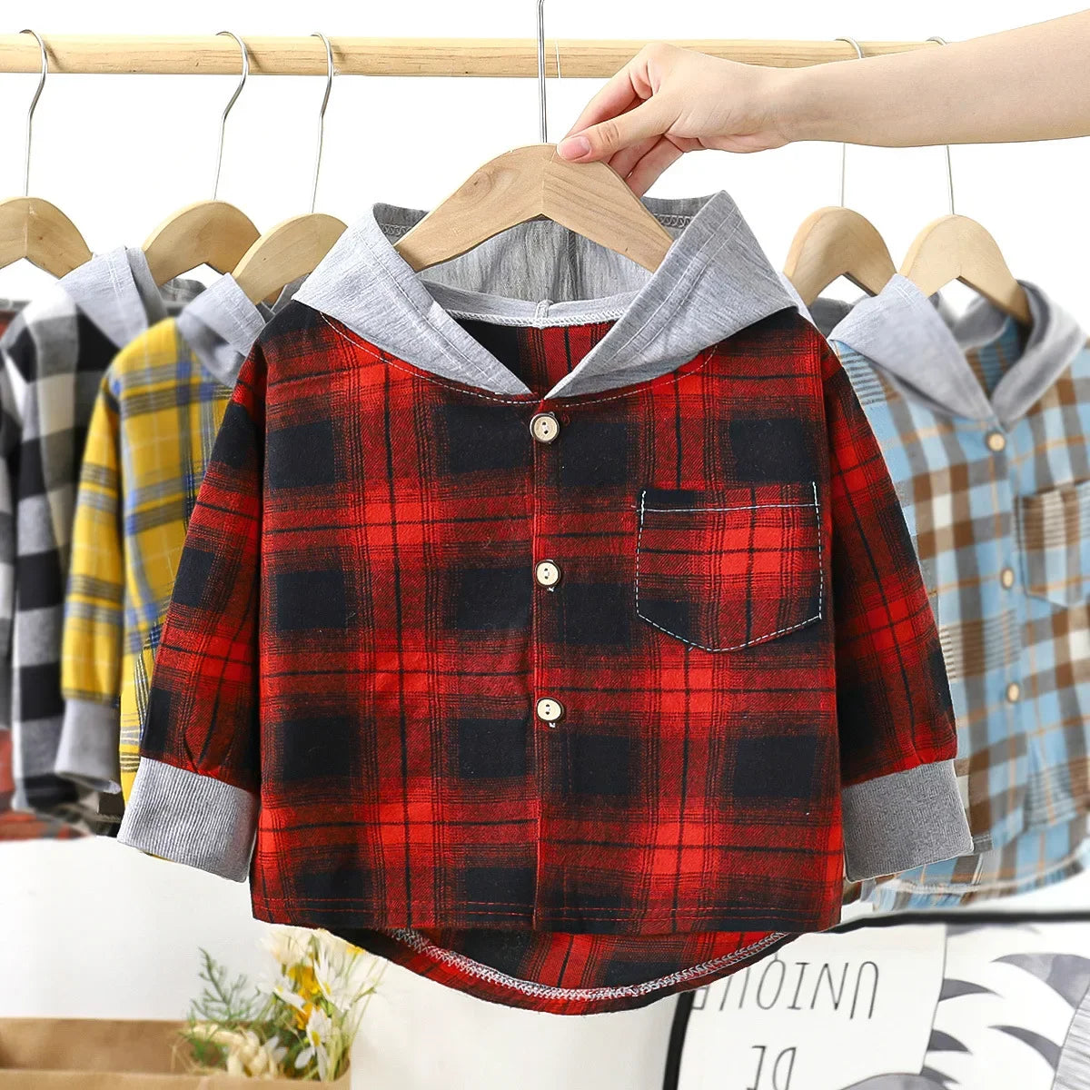 Kids Hooded Plaid Shirt - Long Sleeve Jacket for Spring & Autumn