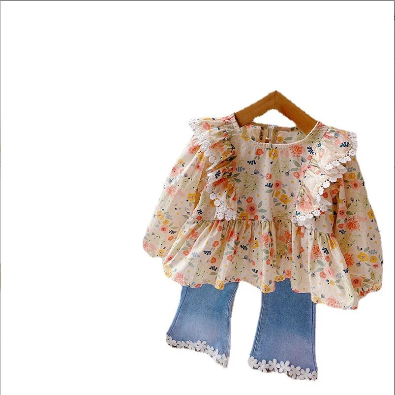 Spring & Autumn Girls' Floral Lace Top + Denim Flared Pants Set