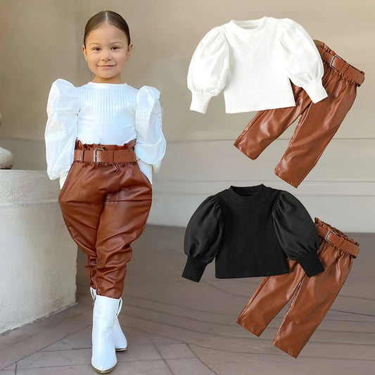 Girls' 2-Piece Puff Sleeve Blouse & PU Leather Pants Set