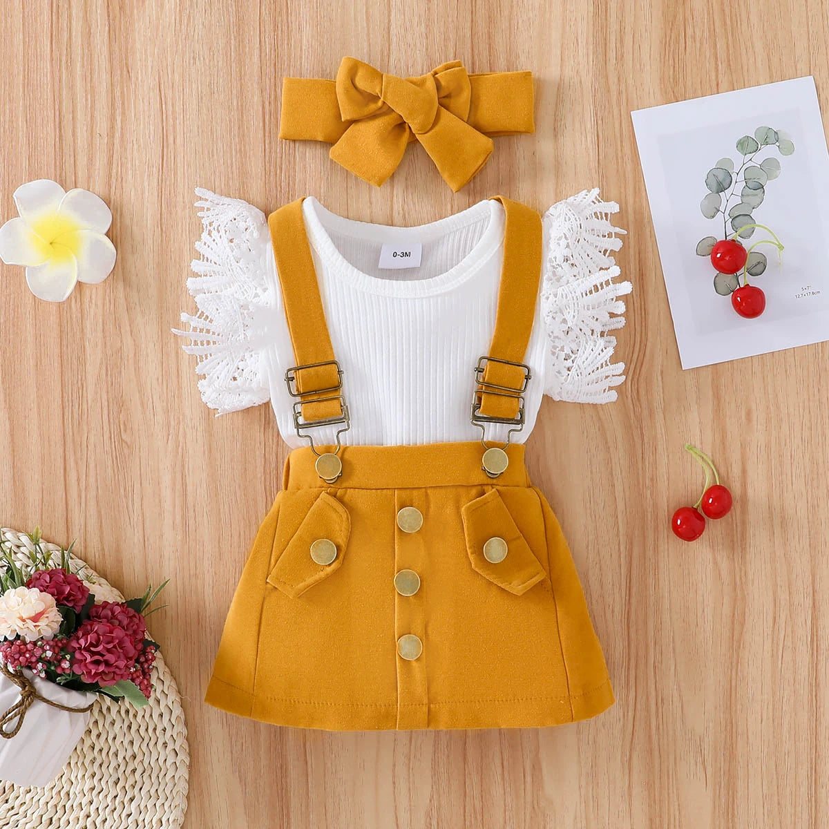 Baby Girl Lace Romper & Suspender Skirt Set with Headband