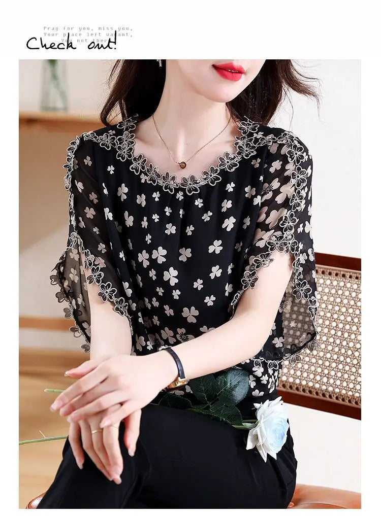 Women's Summer Elegant Chiffon Shirt – Loose Hollow Out O-Neck Short Sleeve Top for Casual All-Match Style