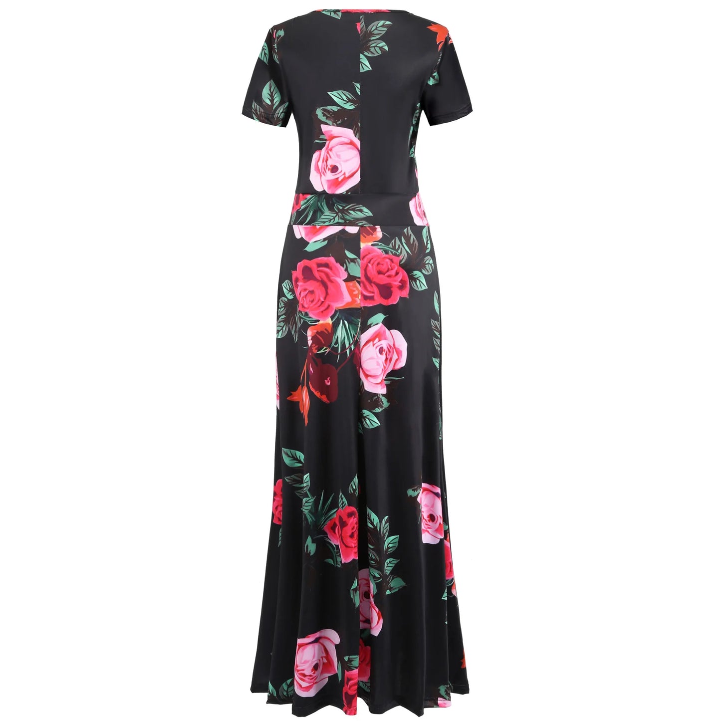 Floral Maxi Dress Women's Casual Summer Robe Short-Sleeved Round Neck Elegant