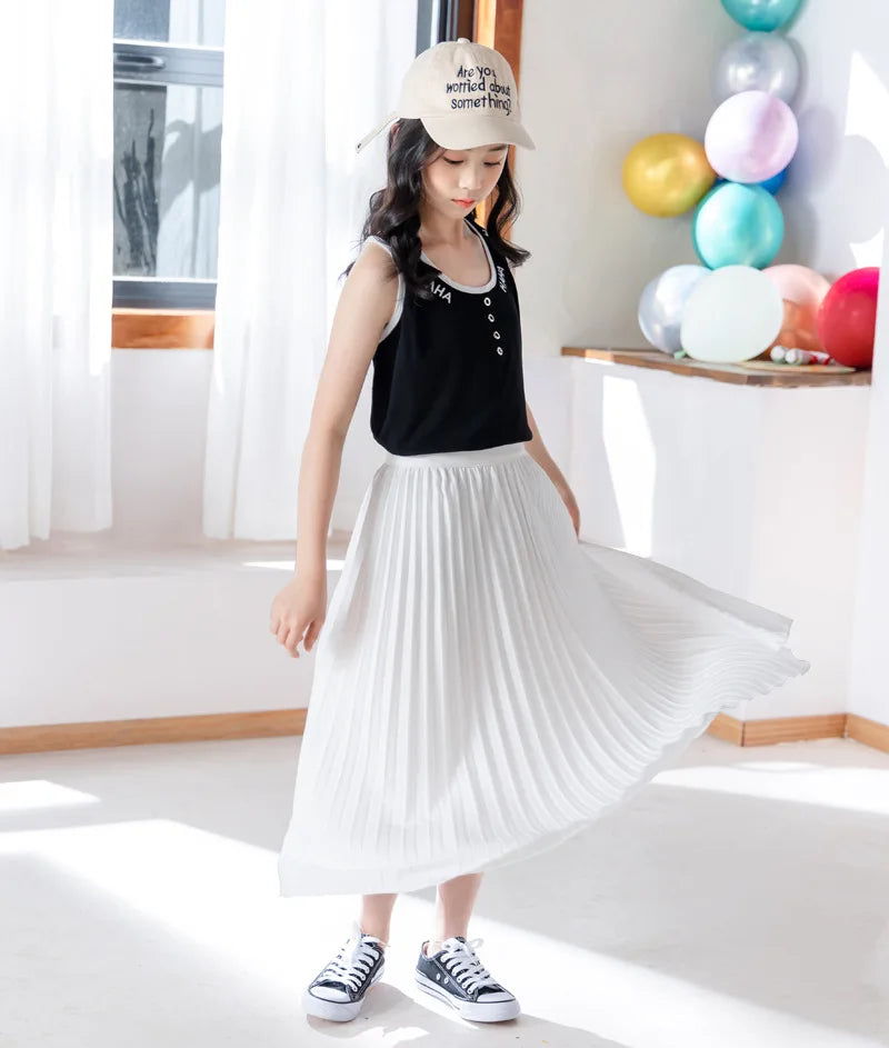 Girls' Elegant White Pleated Long Skirt