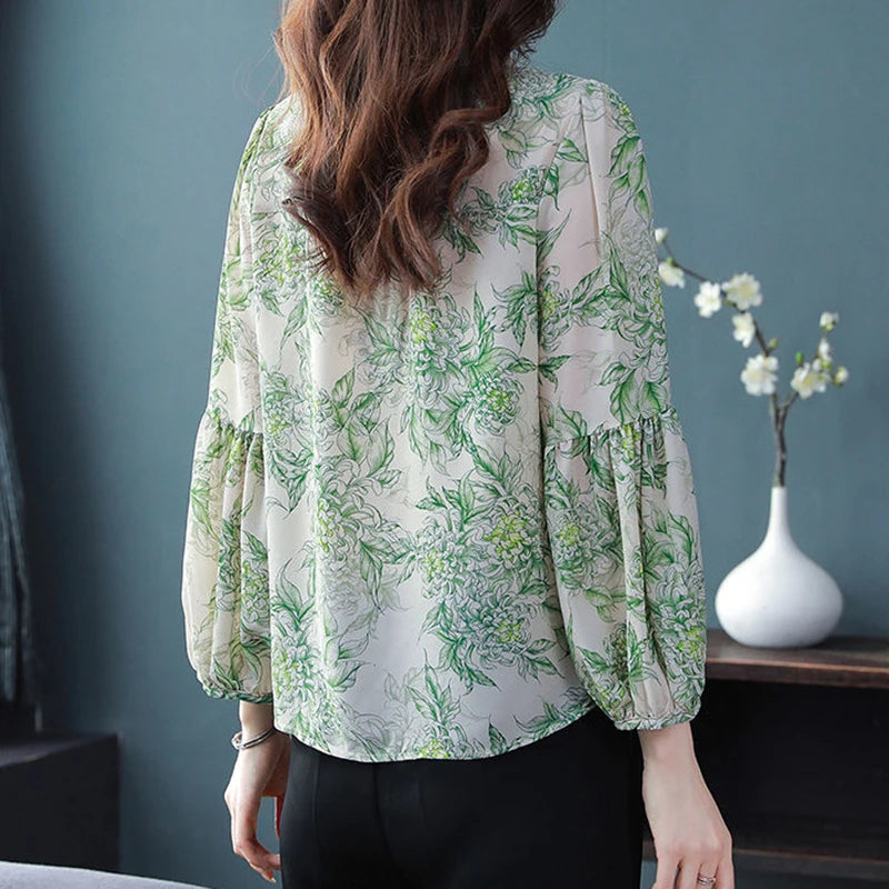 Trendy Women's Floral Print V-Neck Puff Sleeve Blouse