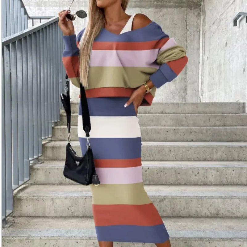 Womens Fashion Two Piece Dress Set Sexy Bat Sleeve Off Shoulder Top & Mid-Calf Dress Set   New Casual Long Dress Outfit