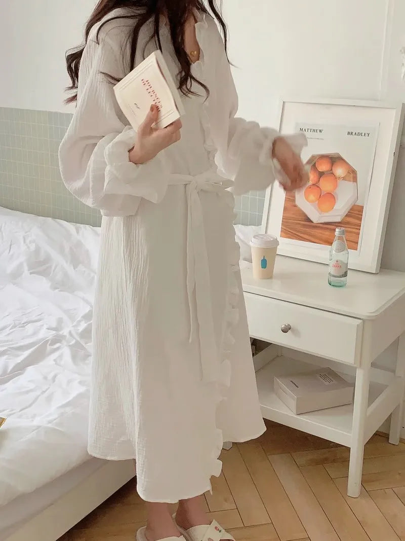 Women Robe V-Neck Sleepwear Ruffles Bathrobe Kimono Robes with Belt Korean Night Dress Bridesmaid Dressing One Piece Pajamas