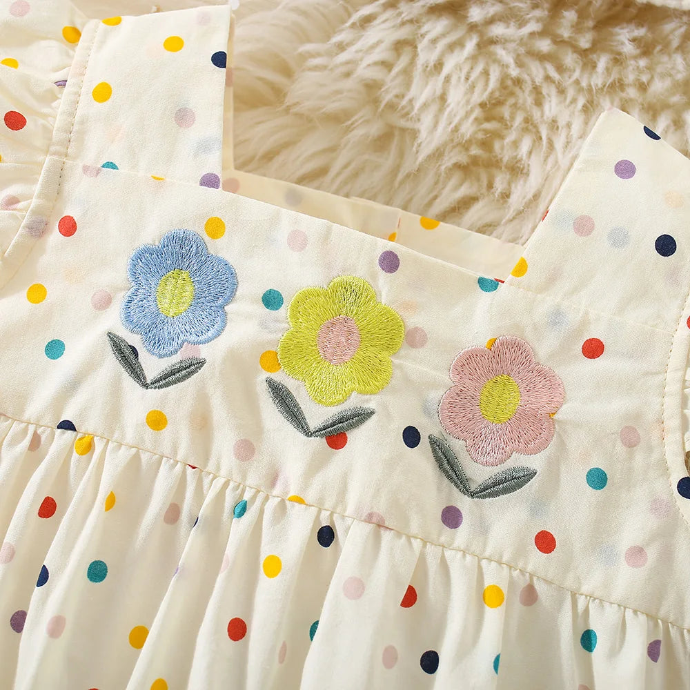 Summer New Baby Girls Hip Skirt Small Flying Sleeve Flower Embroidery Square Collar Color Polka Dot Square Collar One-Piece