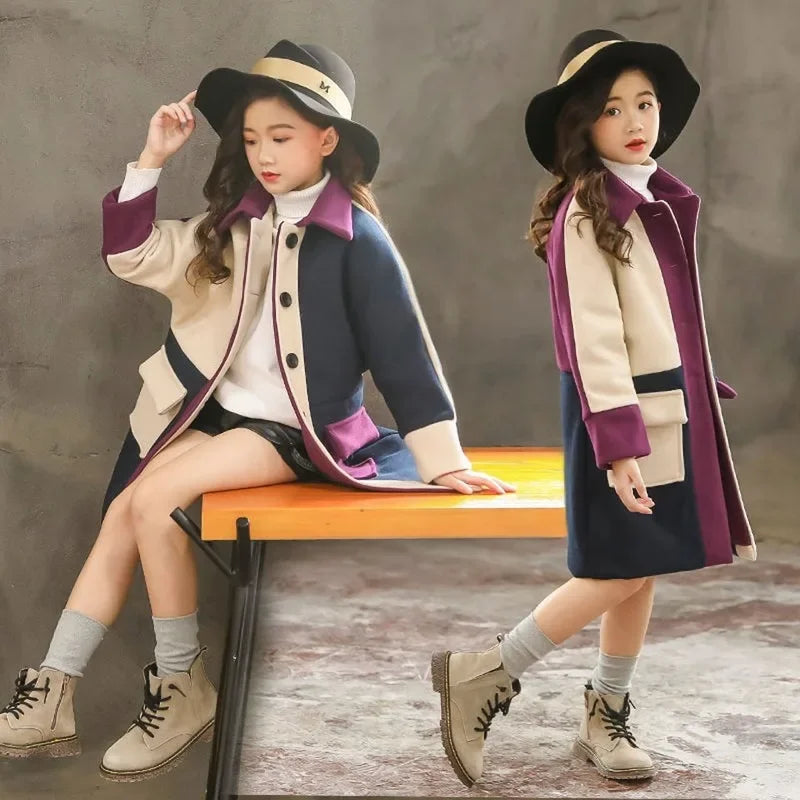 Girls Wool Coat Autumn Winter Jacket - Fashionable Outerwear for Ages 4-13