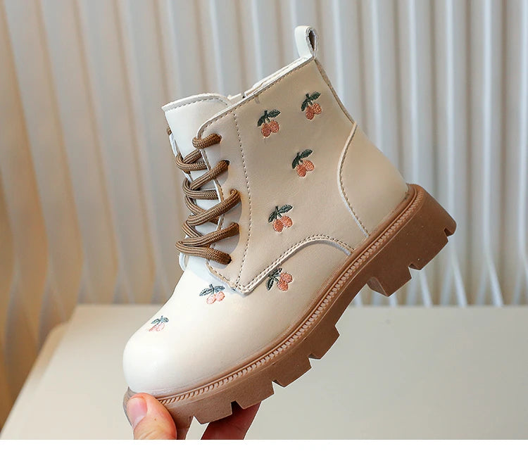 Girls' Short Boots with Embroidered Cherry