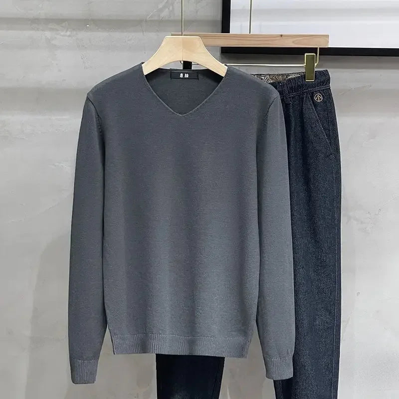 Men's V-neck Sweater – Solid Color, Long Sleeve, Knitted, Winter Pullover