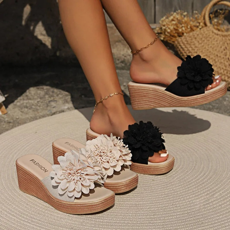 Luxury Wedge Sandals - Women's Designer Beach Platform Shoes, Flower High Heel Slippers for Summer Fashion