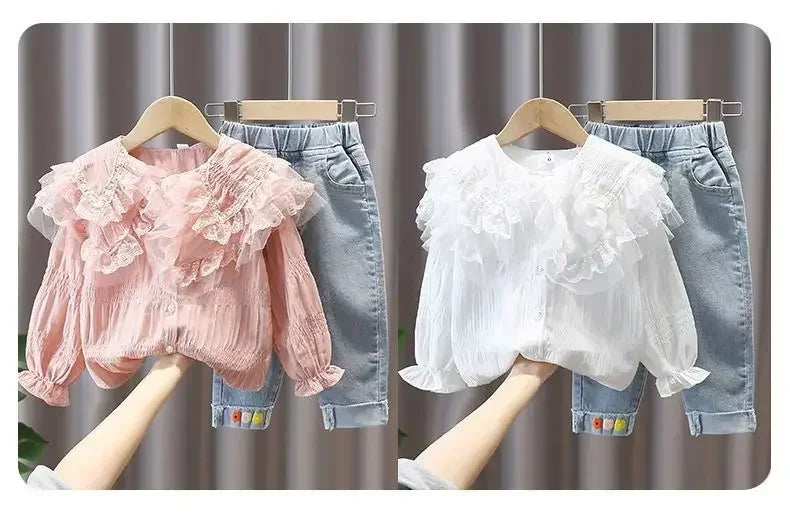 Girls' Spring Autumn Lace Shirt & Denim Jeans Set