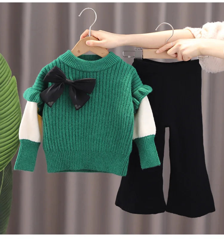 Girls' 2PCS Sweater & Flared Pant Set - Autumn/Winter Outfit