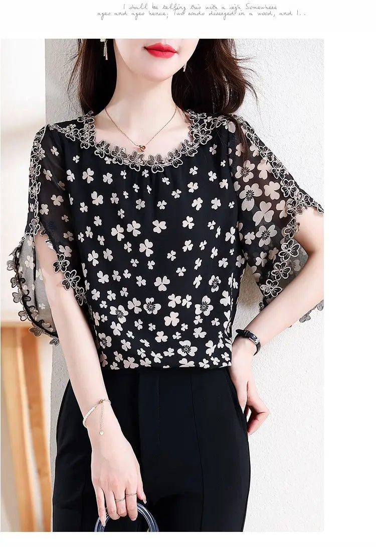 Women's Summer Elegant Chiffon Shirt – Loose Hollow Out O-Neck Short Sleeve Top for Casual All-Match Style