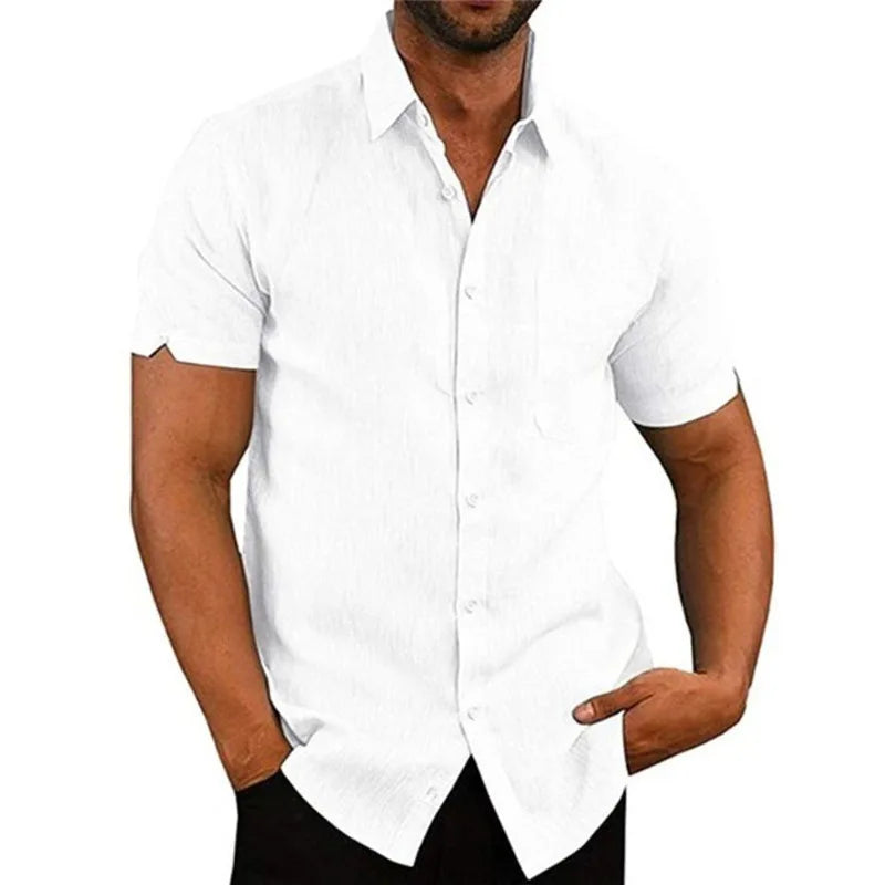 Men's Summer Cotton Linen Short-Sleeve Casual Beach Shirt