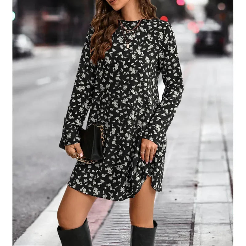 Autumn/Winter Fashion Print Slim Fit Mid-Length Dress - Round Neck Long Sleeve