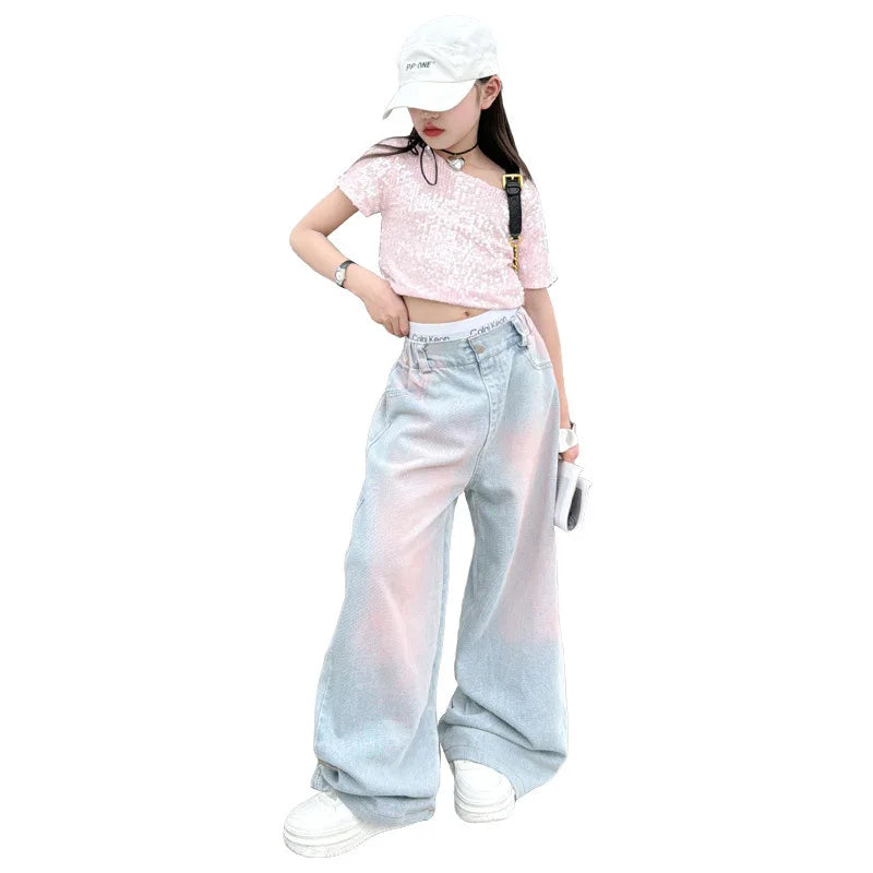 Girls' Summer 2-Piece Set - Pink Diamond T-Shirt & Tie-Dyed Wide Leg Jeans