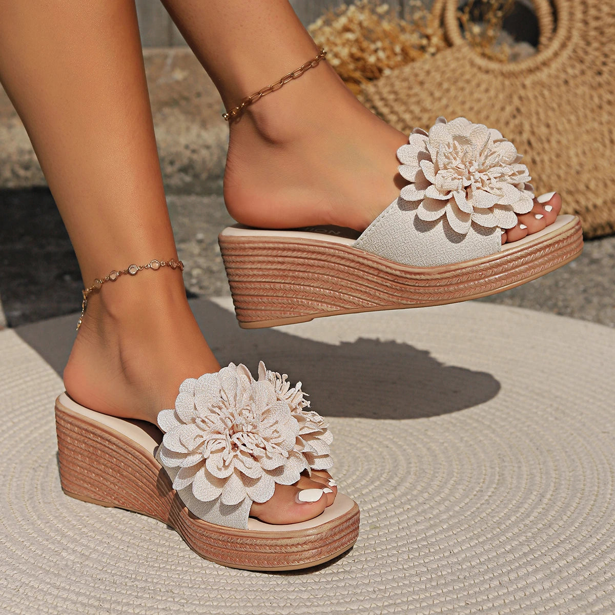 Luxury Wedge Sandals - Women's Designer Beach Platform Shoes, Flower High Heel Slippers for Summer Fashion