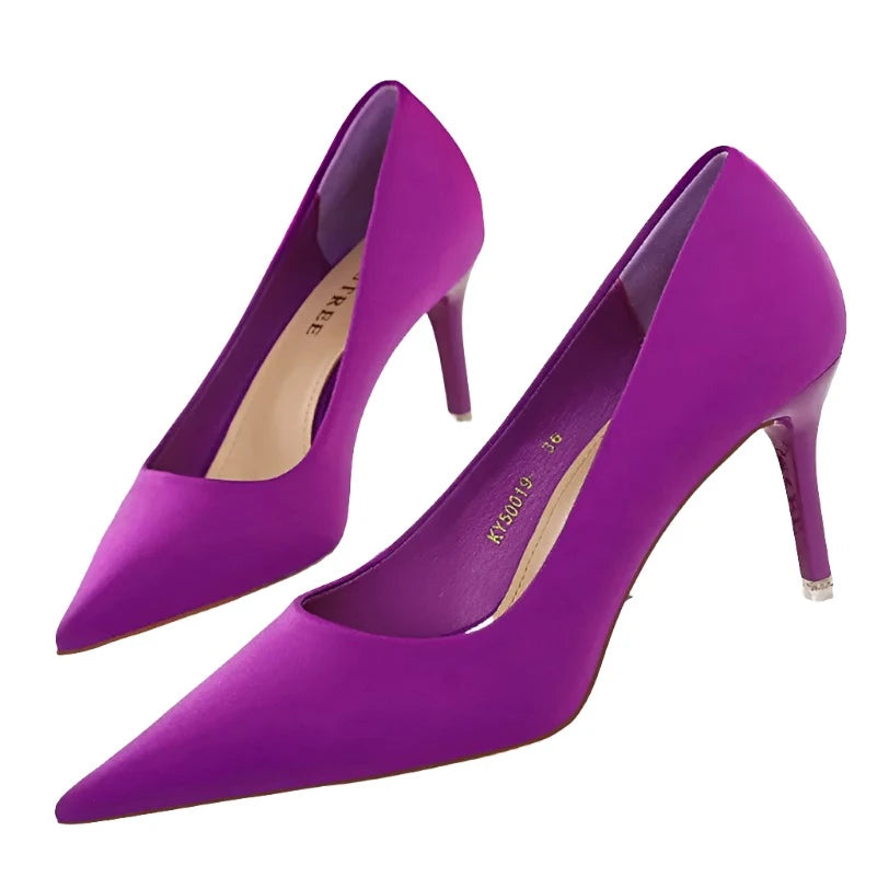 High Heels Scarpins Silk Satin Pumps Lady Quality Green Purple Fetish Wedding Bridal Mid Low Heels Prom Shoes