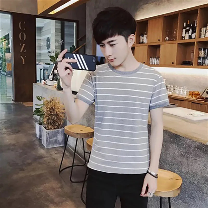 Men's Fashion Striped O-Neck T-Shirt - Short Sleeve Korean Tee