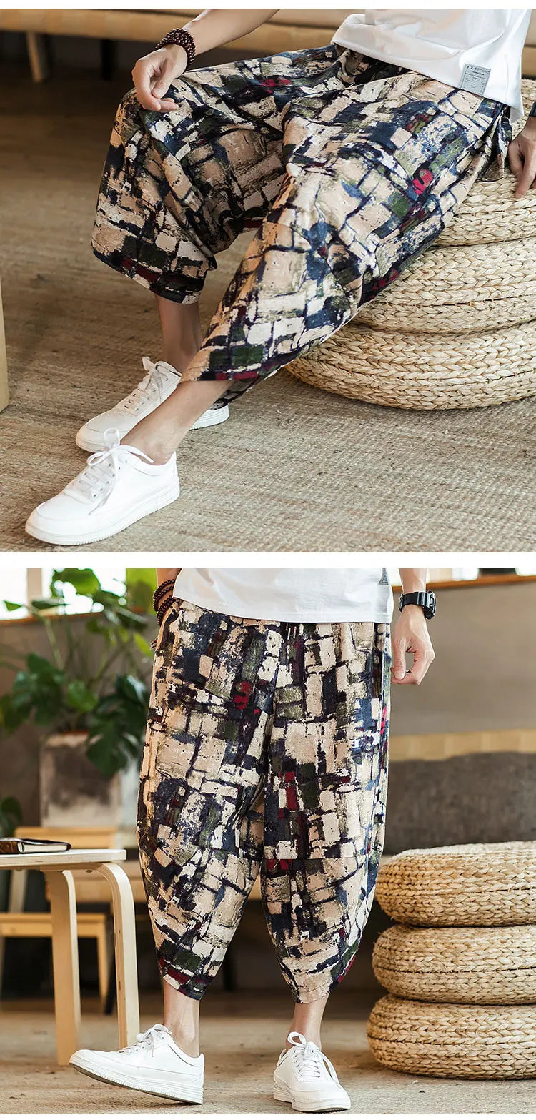 Harajuku Summer Loose Fit Wide-Leg Pants - Men’s Cotton Linen Baggy Trousers