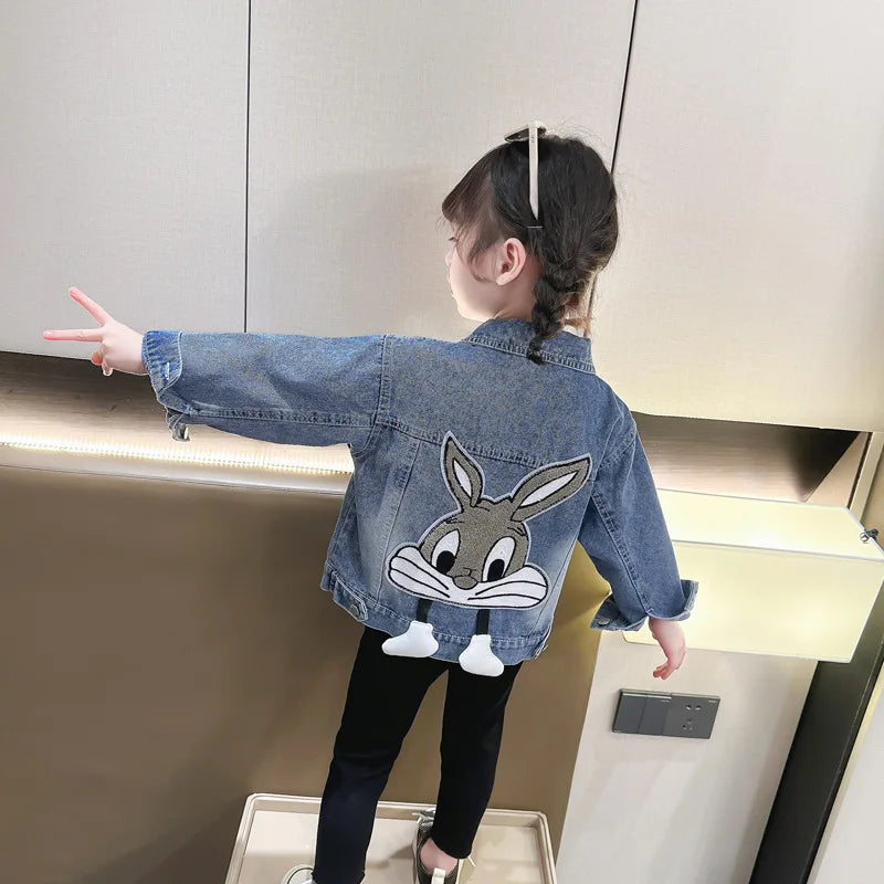 Girls' Denim Jacket – Embroidered Cartoon Rabbit Coat for Kids (Ages 2-7), Autumn Casual Outerwear