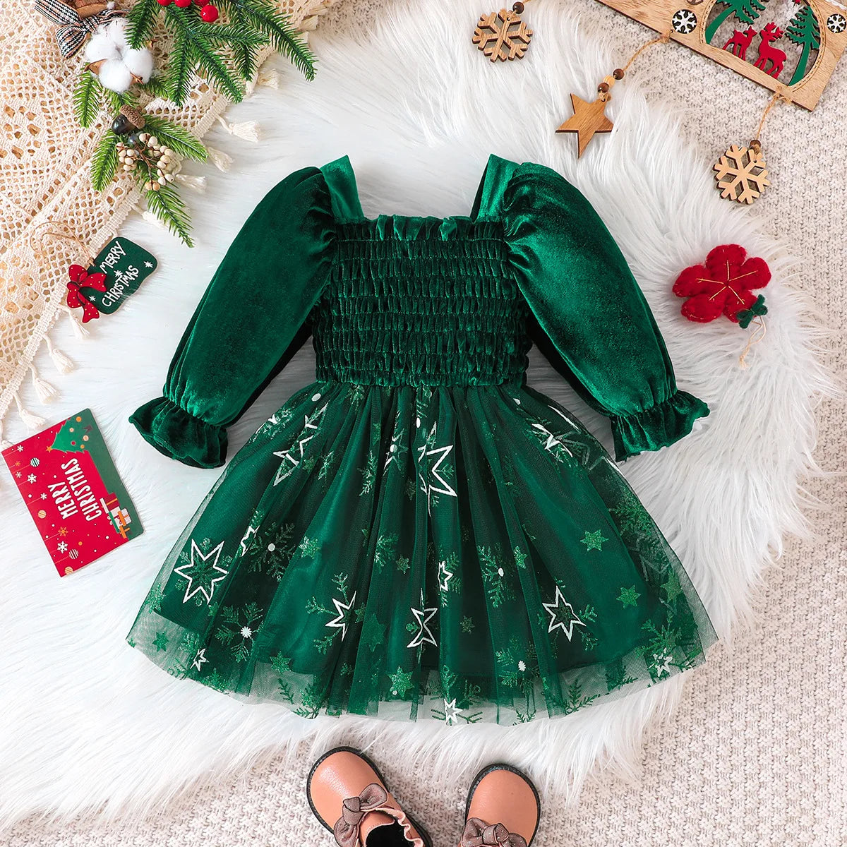 New Autumn/Winter Christmas Dress – Bubble Sleeve Splicing Mesh Dress for Girls