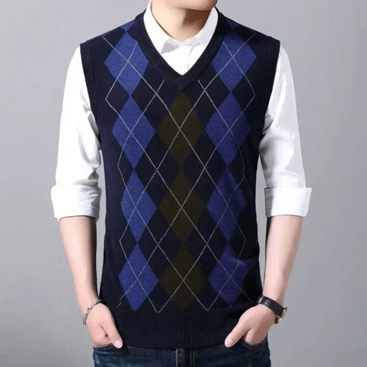 Men's Business Casual Pullover Wear Warm Sleeveless Wool Knitted Sweater Plaid Vest Tops