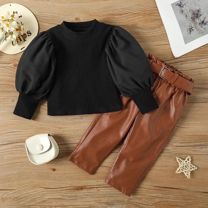 Girls' 2-Piece Puff Sleeve Blouse & PU Leather Pants Set