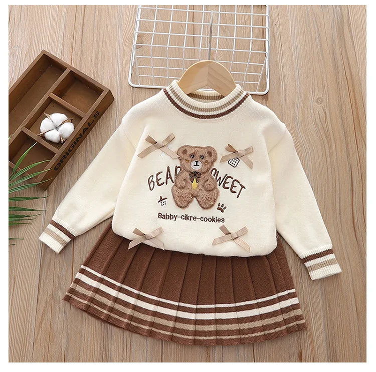 Autumn/Winter Girls' 2-Piece Set – Letter Bear Sweater and Striped Pleated Skirt