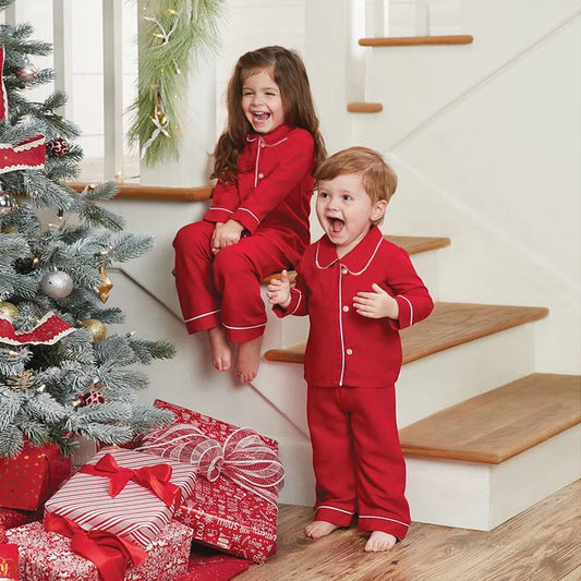 Christmas Pajamas for Kids – Soft Cotton Ruffle Red Pyjamas, Button-Up, Long Sleeve Sleepwear