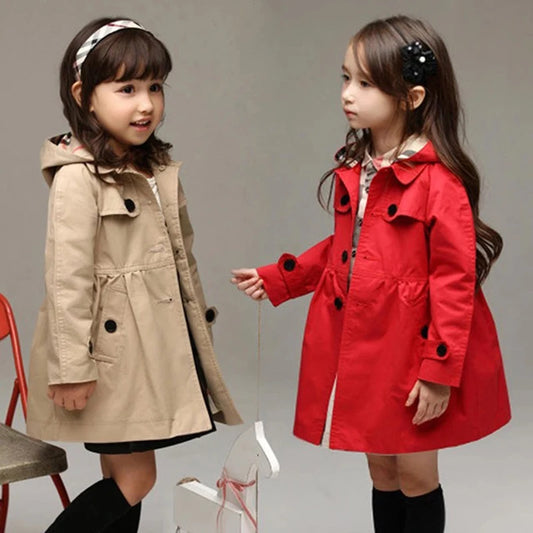 Girls' Hooded Windbreaker – Long Style, Red, Spring/Autumn Sweatshirt Jacket