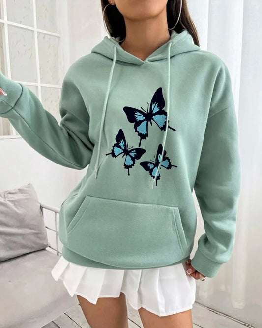 Butterflies Graphic Print Oversized Hoodie - Women's Chic Streetwear Fleece Sweatshirt