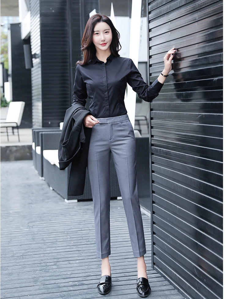 Black Gray High Waist Suit Pants for Women - Elegant Office Trousers